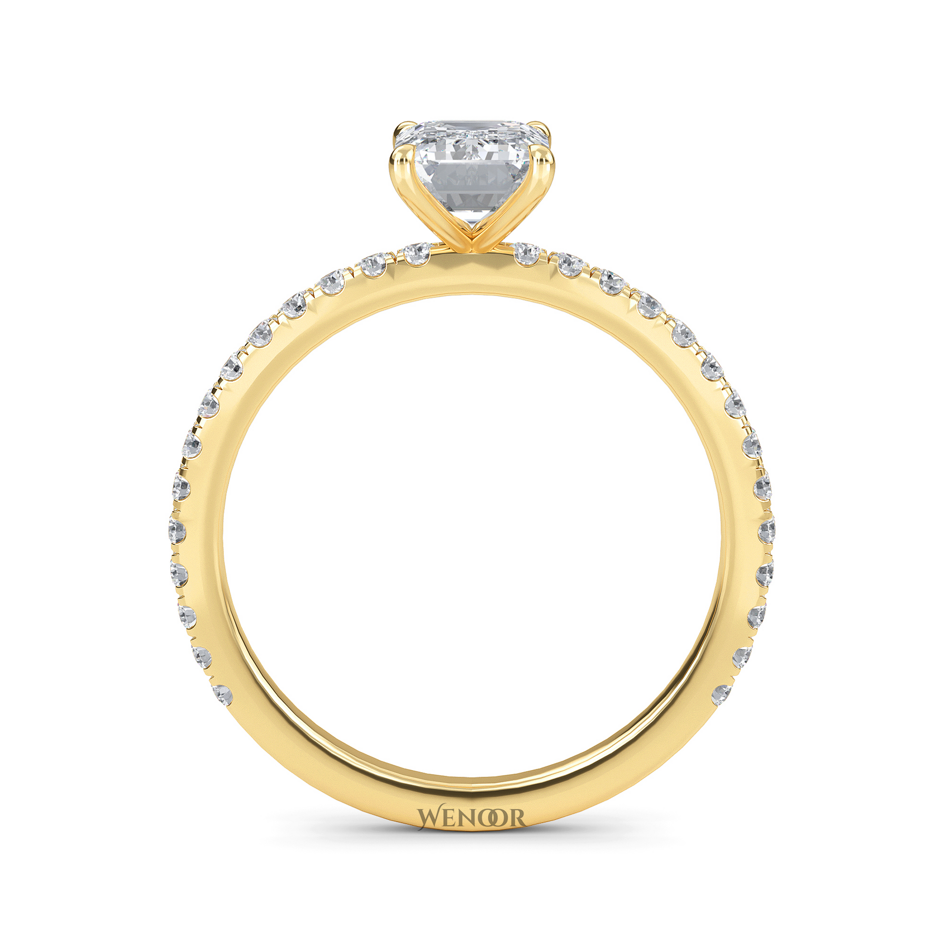 Bride's hand wearing emerald cut lab diamond engagement ring