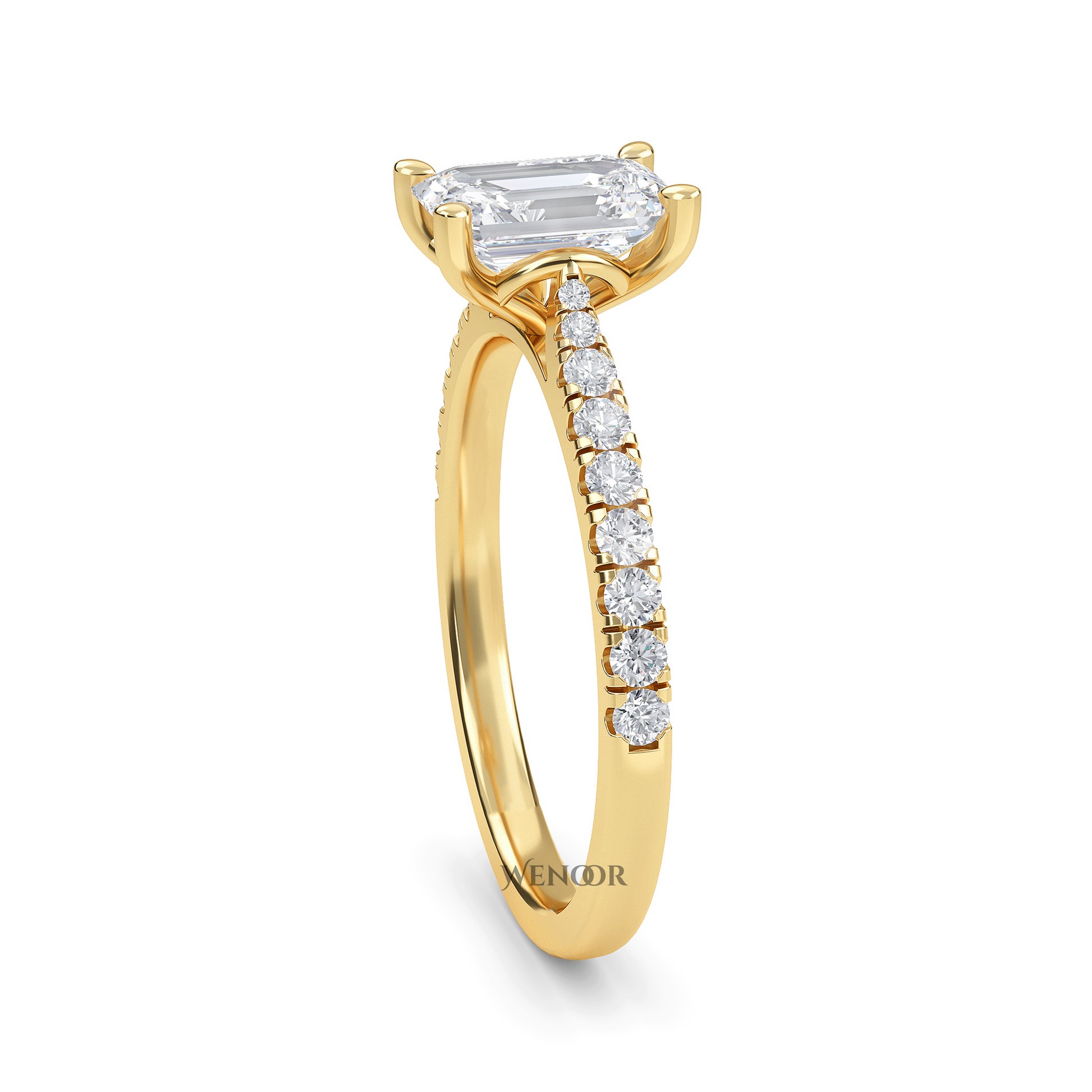 Amerald cut lab grown diamond ring with a gold band and accent side stones, featuring a brilliant step cut center stone