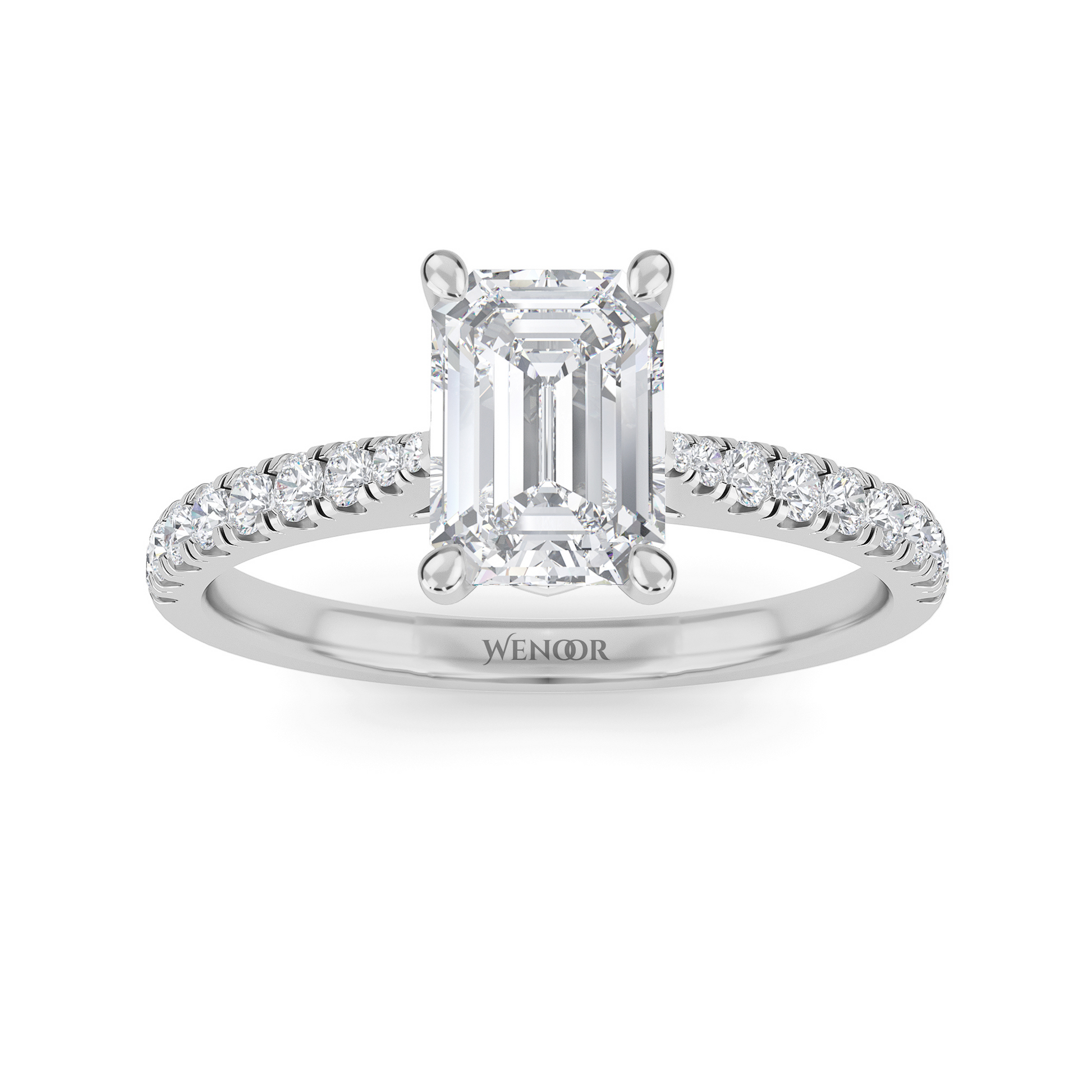 Amerald cut lab grown diamond ring with a gold band and accent side stones, featuring a brilliant step cut center stone