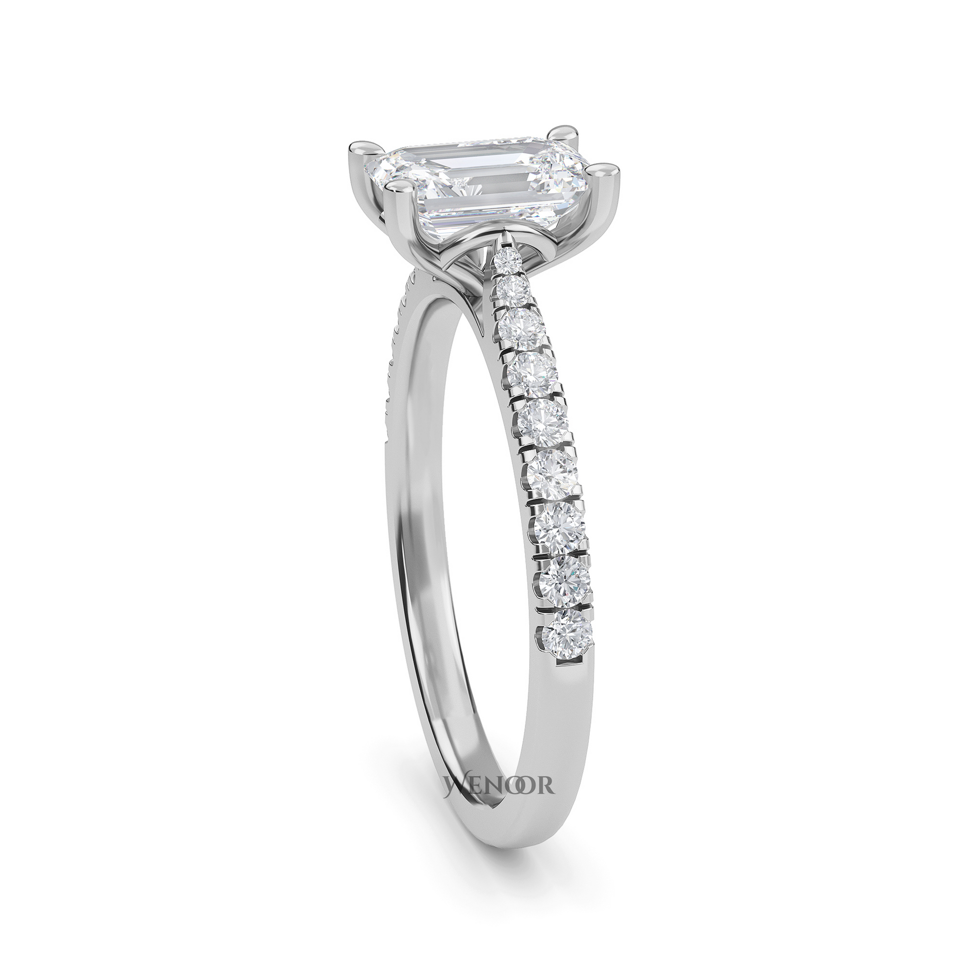 Amerald cut lab grown diamond ring with a gold band and accent side stones, featuring a brilliant step cut center stone