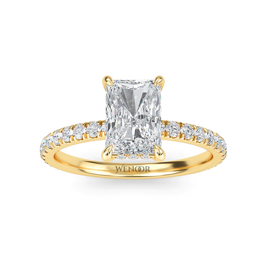 Modern radiant cut engagement ring with hidden halo accents, crafted with conflict free lab grown diamonds 