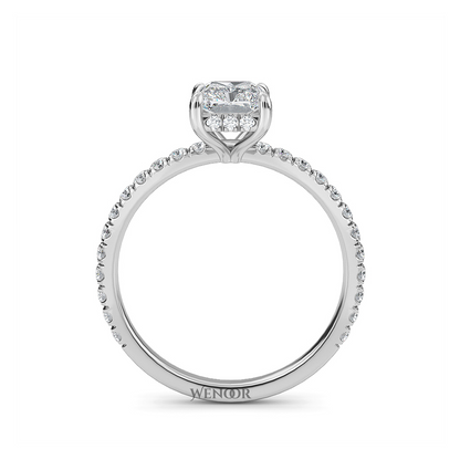 Modern radiant cut engagement ring with hidden halo accents, crafted with conflict free lab grown diamonds 