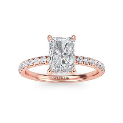 Modern radiant cut engagement ring with hidden halo accents, crafted with conflict free lab grown diamonds 