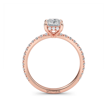Modern radiant cut engagement ring with hidden halo accents, crafted with conflict free lab grown diamonds 
