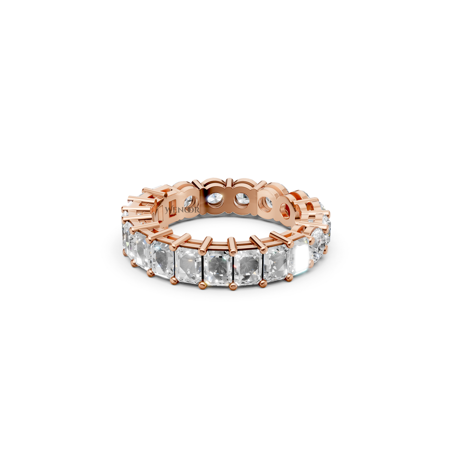 Sustainable lab grown diamond engagement ring with a radiant cut center and round brilliant side stones.