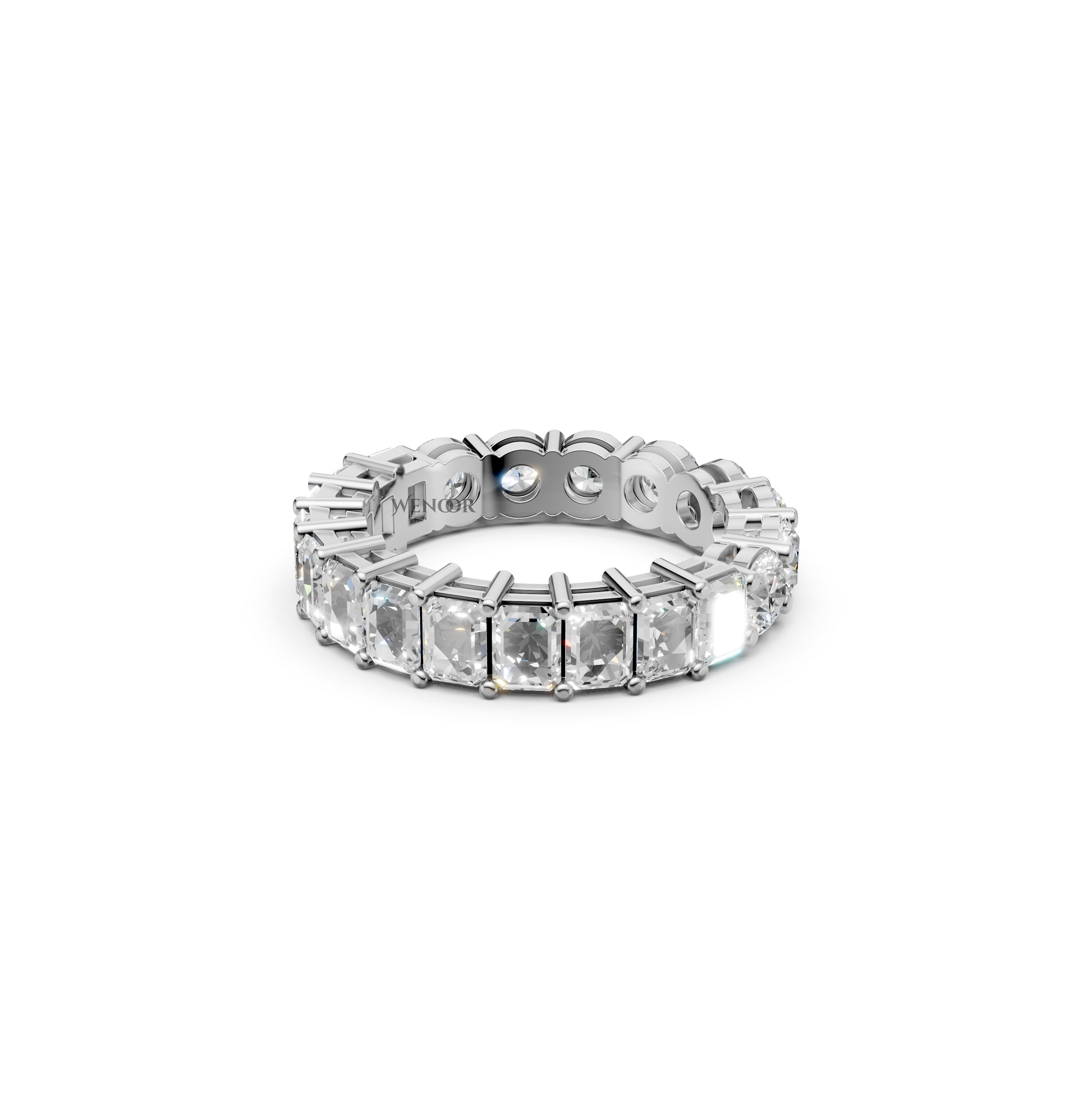 Sustainable lab grown diamond engagement ring with a radiant cut center and round brilliant side stones.
