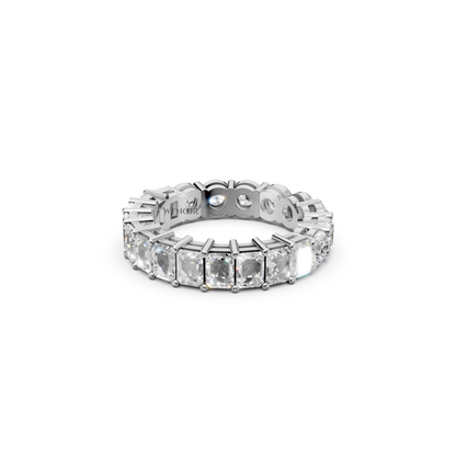 Sustainable lab grown diamond engagement ring with a radiant cut center and round brilliant side stones.