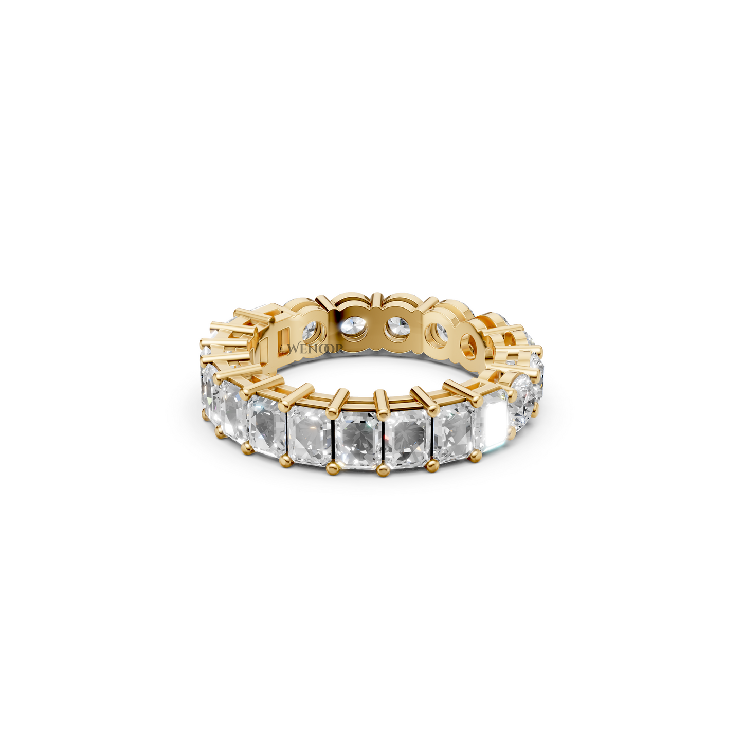 Sustainable lab grown diamond engagement ring with a radiant cut center and round brilliant side stones.