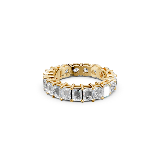Sustainable lab grown diamond engagement ring with a radiant cut center and round brilliant side stones.