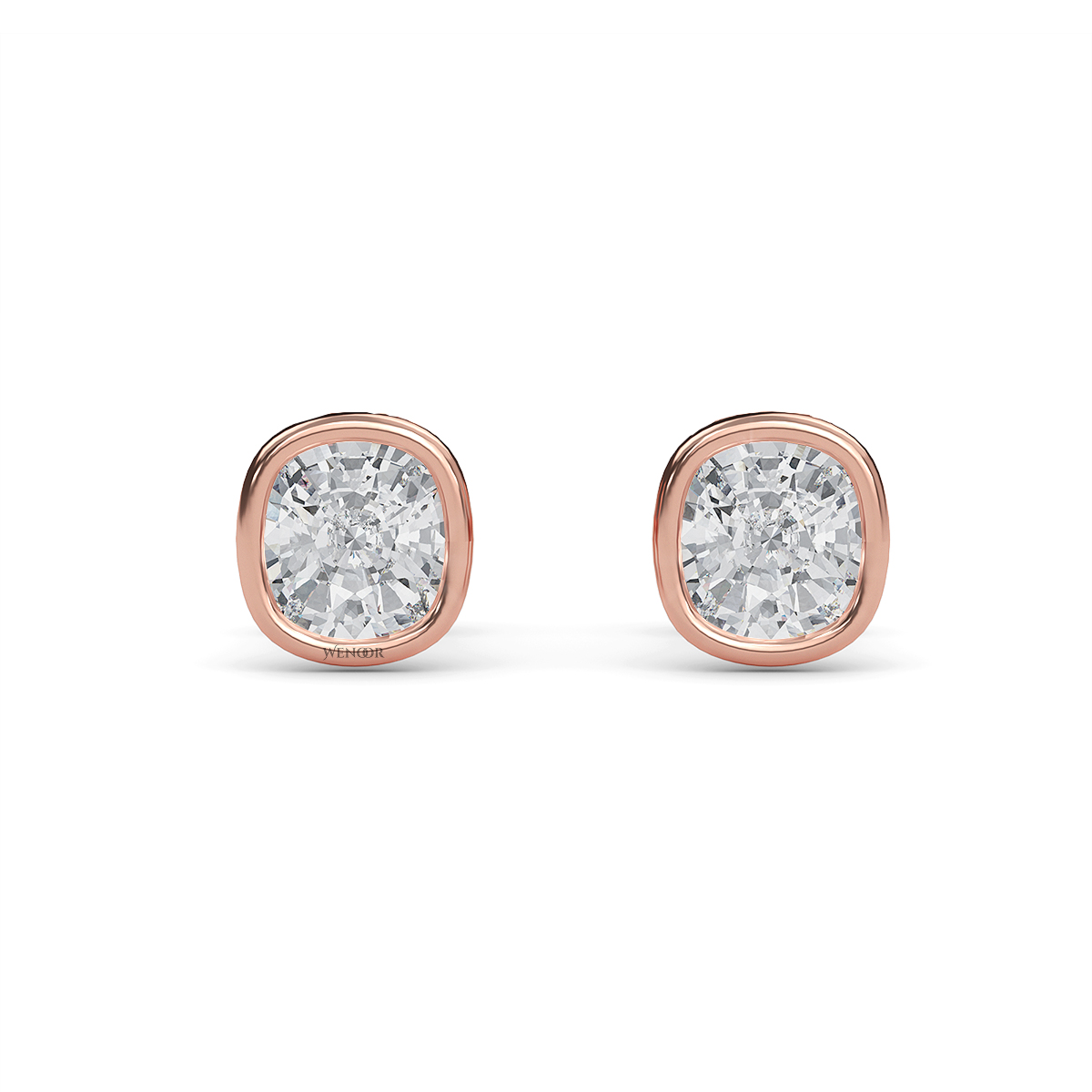 Exquisite cushion cut lab grown diamond stud earrings set in a secure 14K gold bezel setting