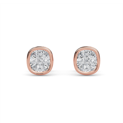 Exquisite cushion cut lab grown diamond stud earrings set in a secure 14K gold bezel setting