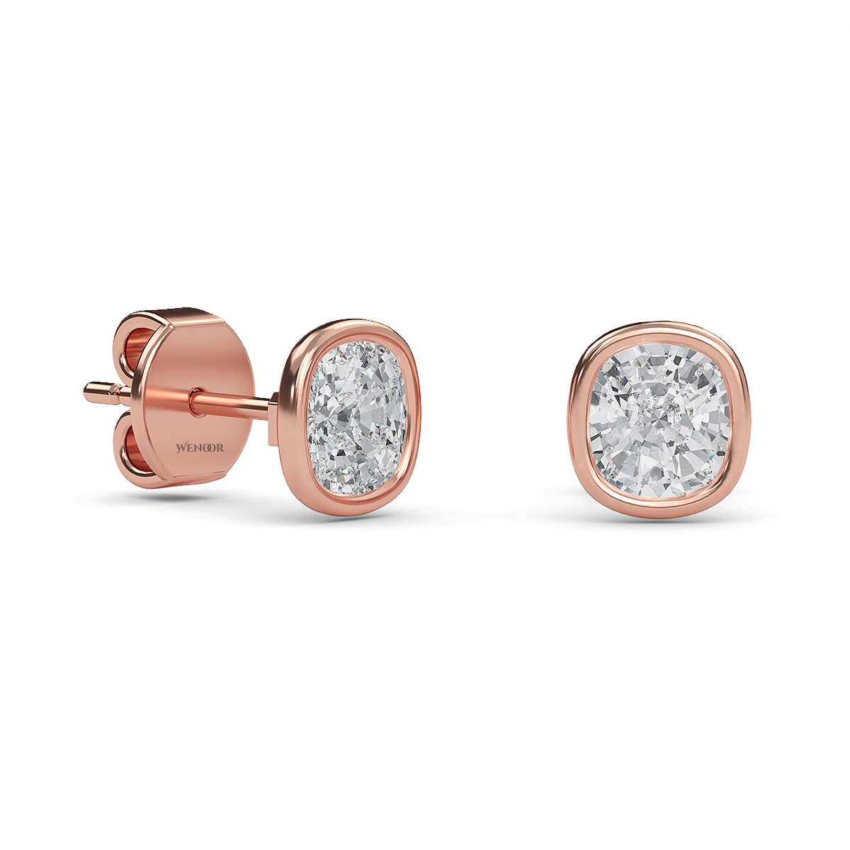 Exquisite cushion cut lab grown diamond stud earrings set in a secure 14K gold bezel setting