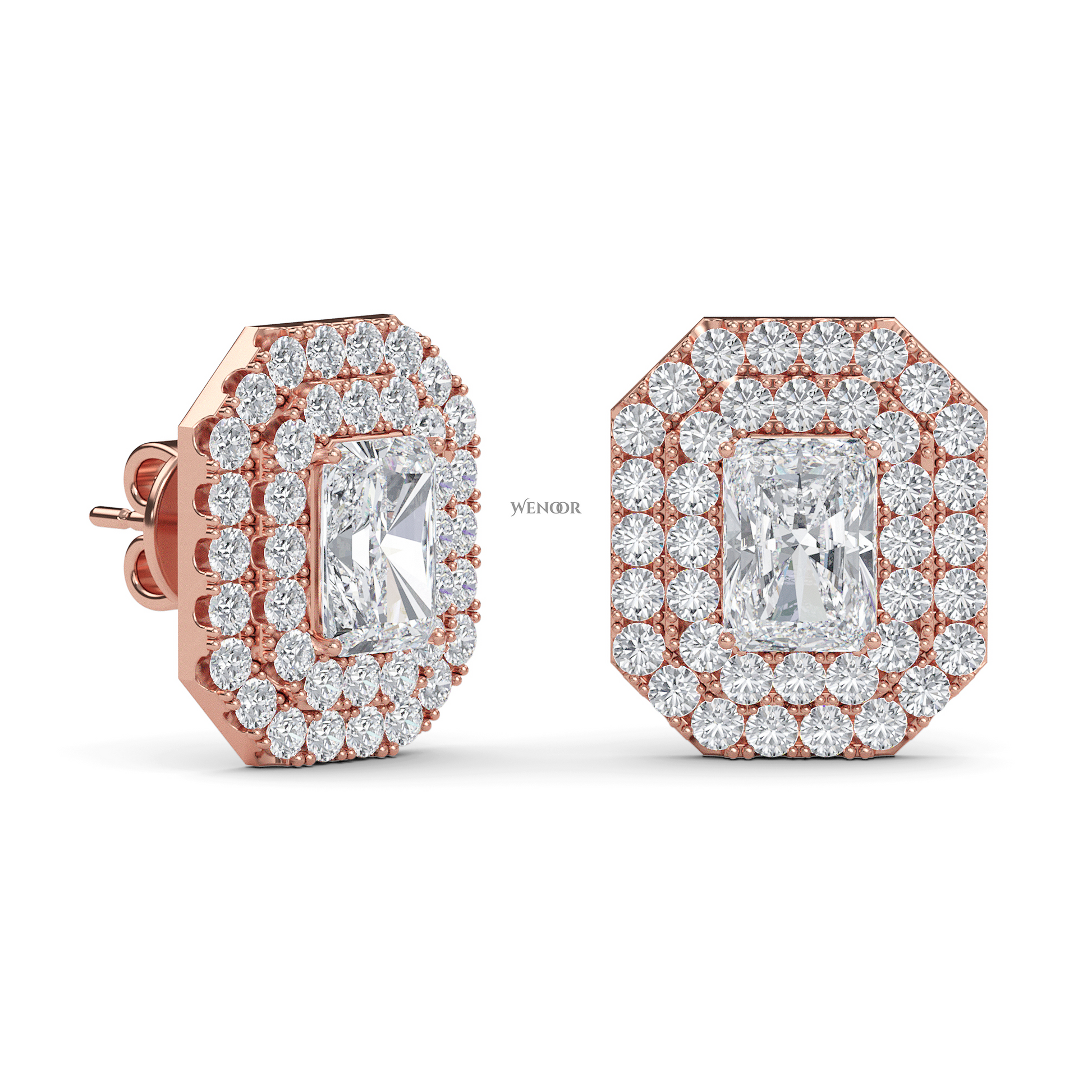 Radiant cut double halo Art Deco lab grown diamond stud earrings for women