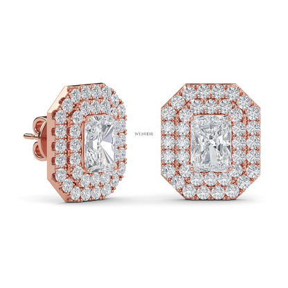 Radiant cut double halo Art Deco lab grown diamond stud earrings for women