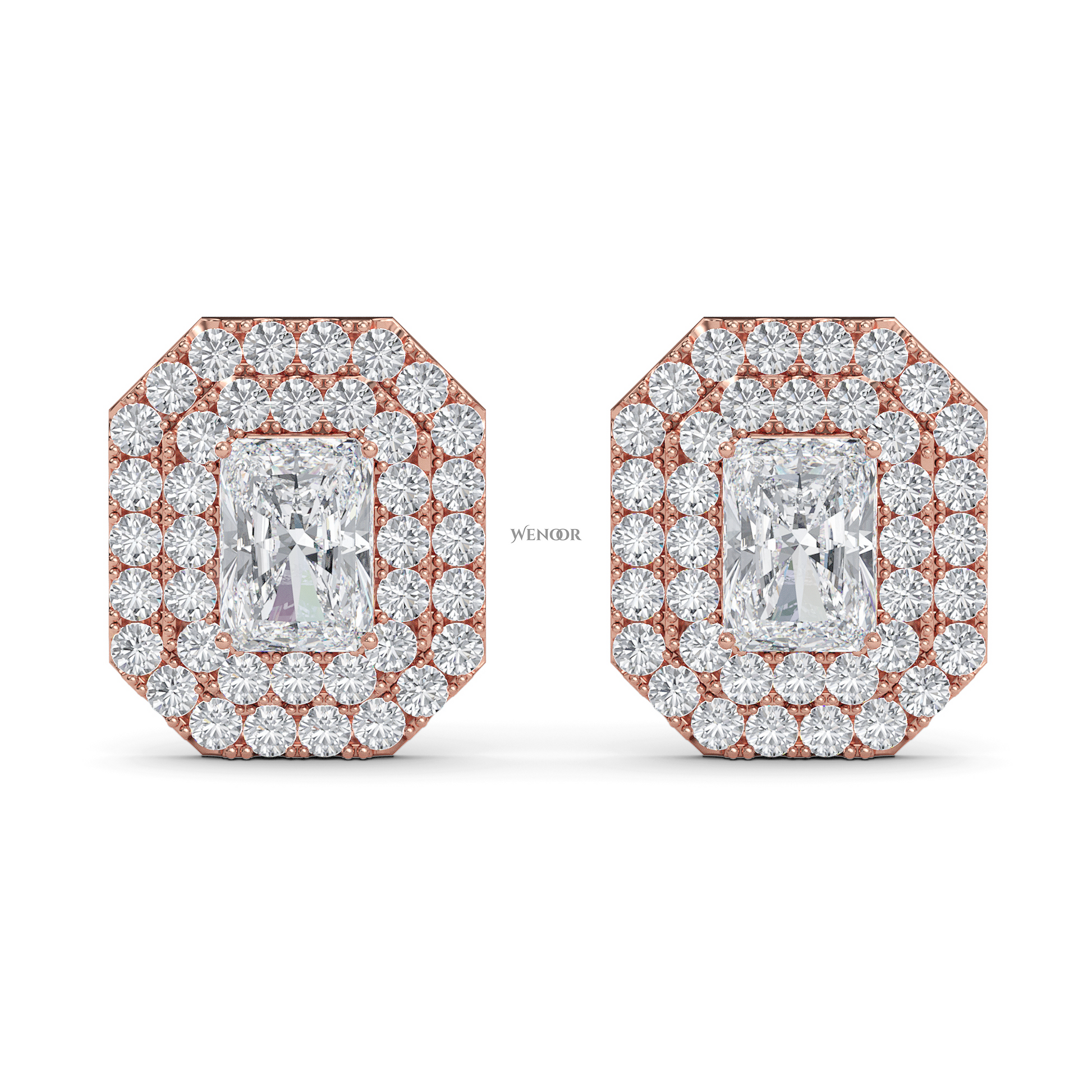 Radiant cut double halo Art Deco lab grown diamond stud earrings for women