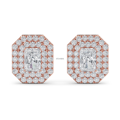 Radiant cut double halo Art Deco lab grown diamond stud earrings for women
