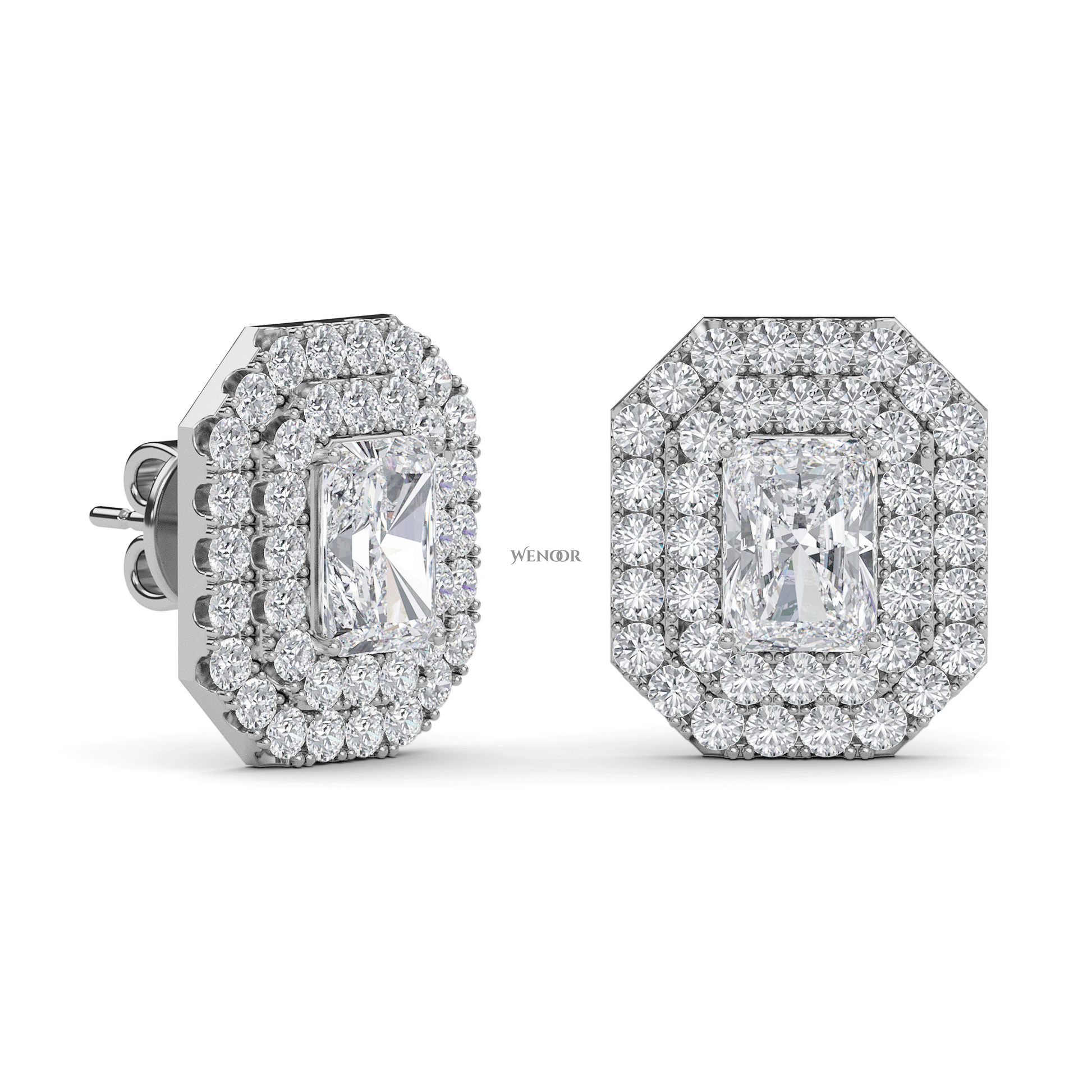 Radiant cut double halo Art Deco lab grown diamond stud earrings for women