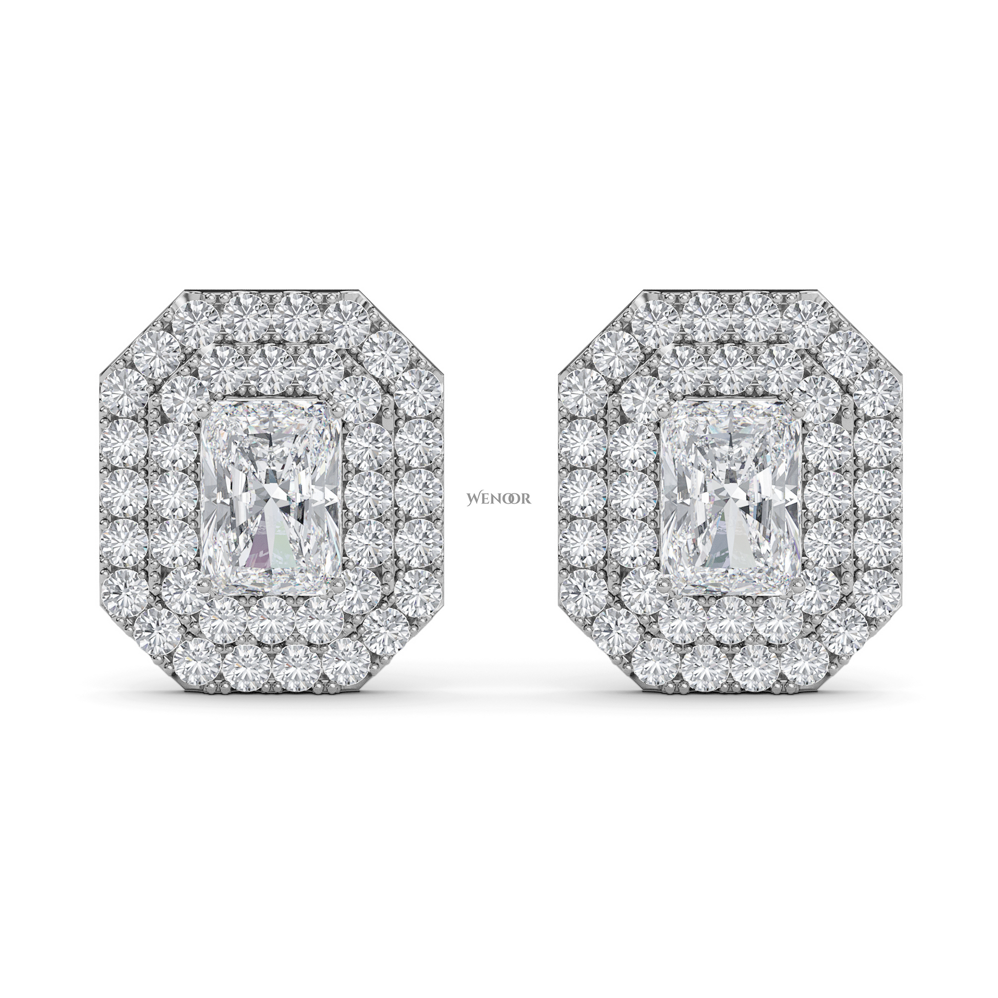 Radiant cut double halo Art Deco lab grown diamond stud earrings for women
