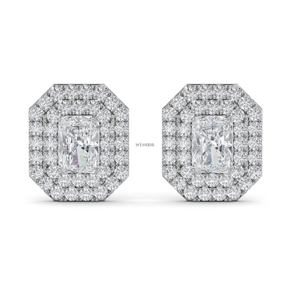Radiant cut double halo Art Deco lab grown diamond stud earrings for women