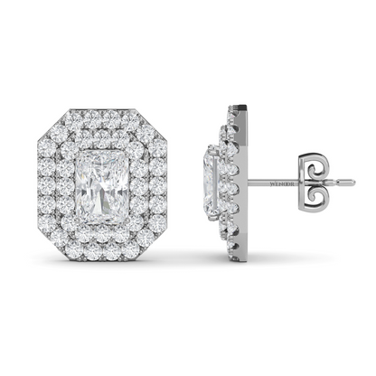 Radiant cut double halo Art Deco lab grown diamond stud earrings for women
