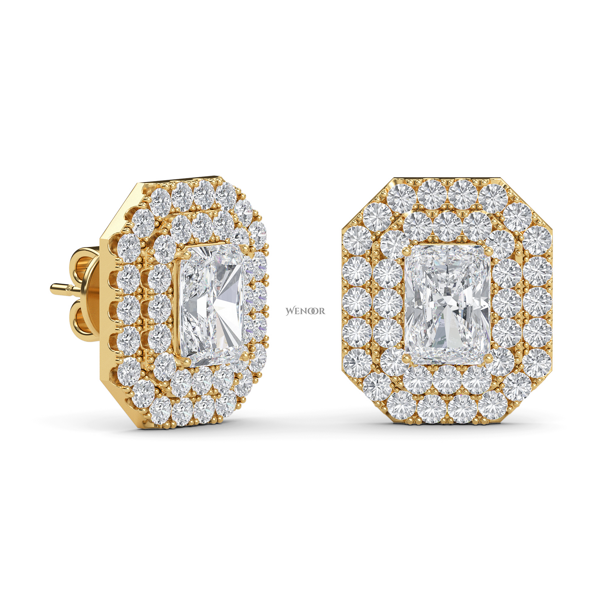 Radiant cut double halo Art Deco lab grown diamond studs earrings for women 