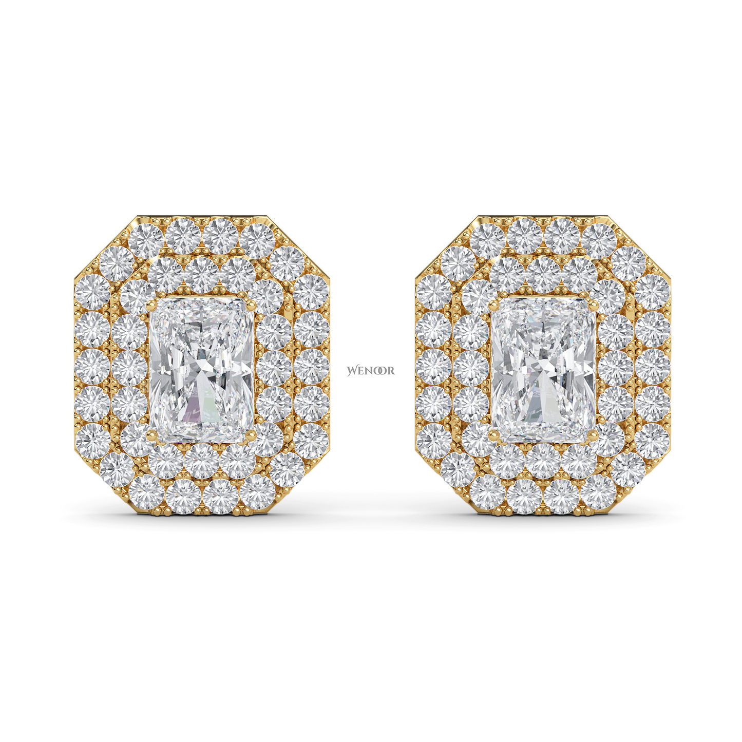 Radiant cut double halo Art Deco lab grown diamond stud earrings for women 