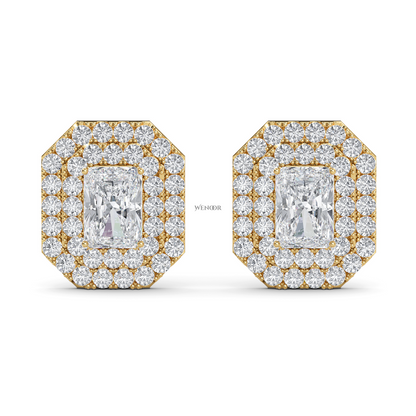 Radiant cut double halo Art Deco lab grown diamond stud earrings for women 