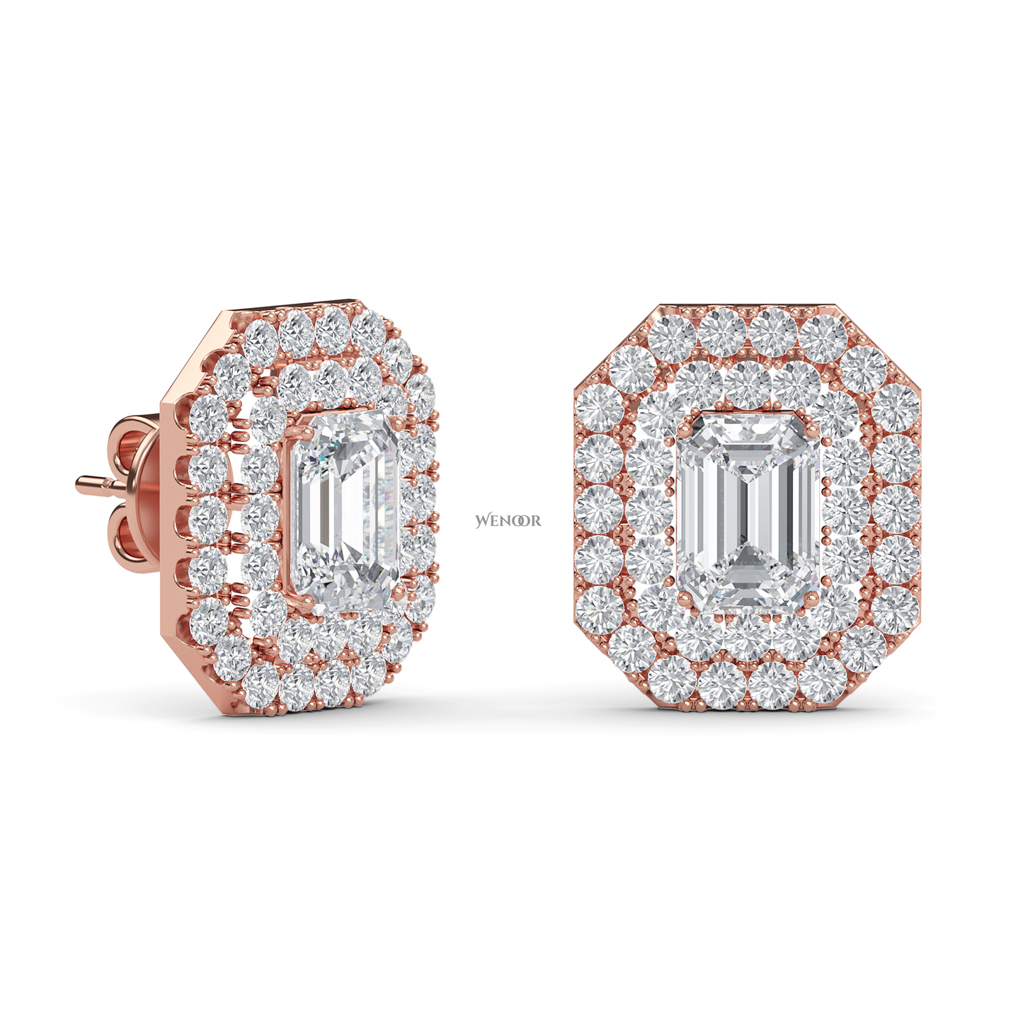 Ethical emerald cut lab grown diamond studs with two rows of round diamonds set in 14K rose gold