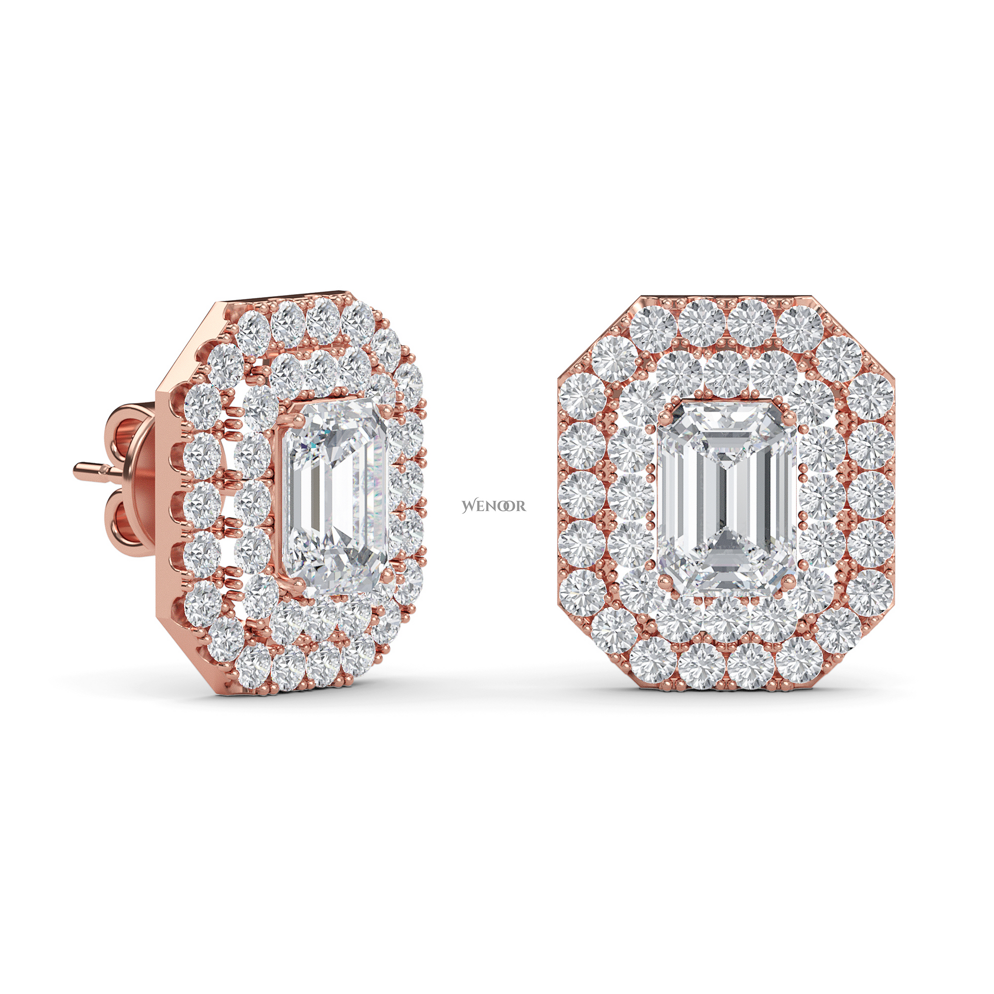 Ethical emerald cut lab grown diamond studs with two rows of round diamonds set in 14K rose gold