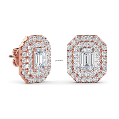 Ethical emerald cut lab grown diamond studs with two rows of round diamonds set in 14K rose gold