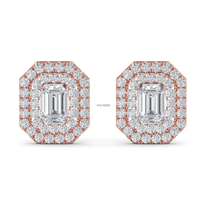 Ethical emerald cut lab grown diamond studs with two rows of round diamonds set in 14K rose gold