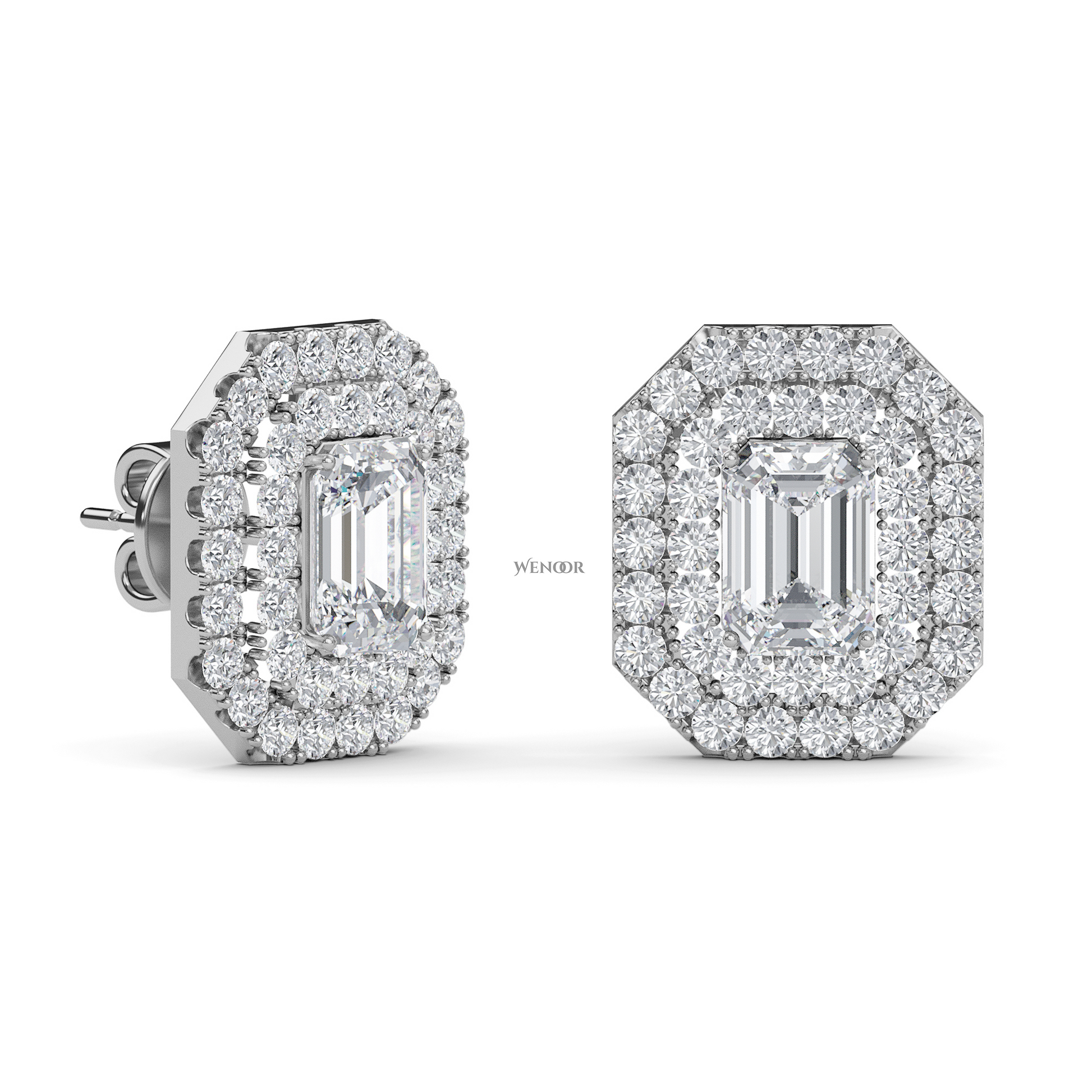 Ethical emerald cut lab grown diamond studs with two rows of round diamonds set in 14K white gold