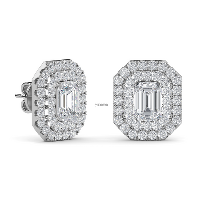 Ethical emerald cut lab grown diamond studs with two rows of round diamonds set in 14K white gold
