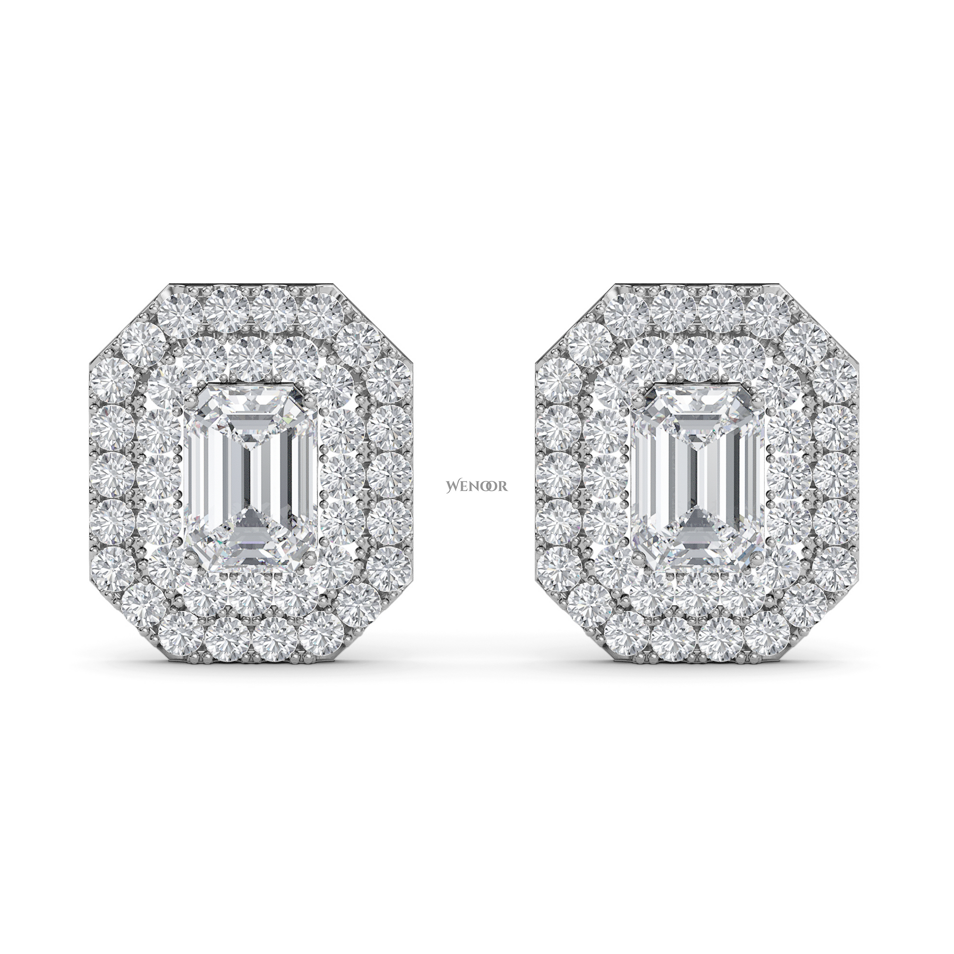 Ethical emerald cut lab grown diamond studs with two rows of round diamonds set in 14K white gold