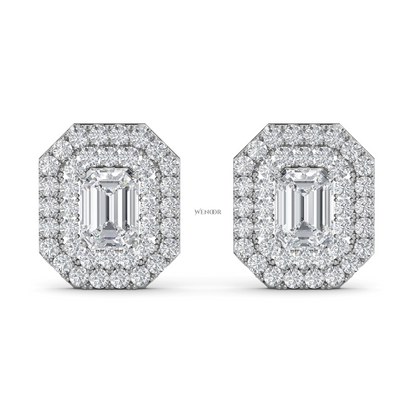 Ethical emerald cut lab grown diamond studs with two rows of round diamonds set in 14K white gold