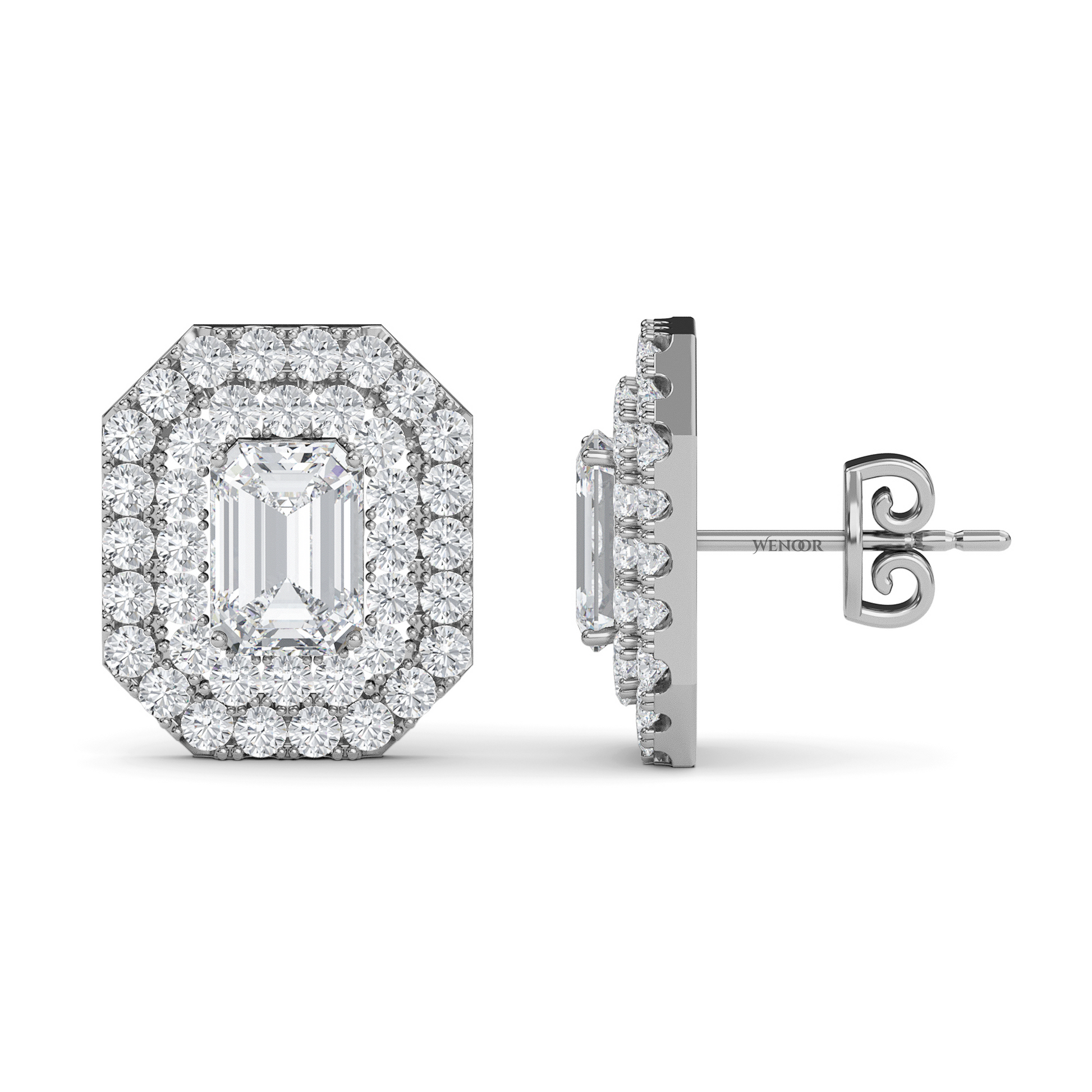 Ethical emerald cut lab grown diamond studs with two rows of round diamonds set in 14K white gold