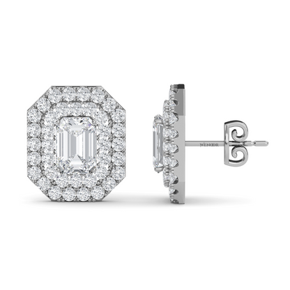 Ethical emerald cut lab grown diamond studs with two rows of round diamonds set in 14K white gold