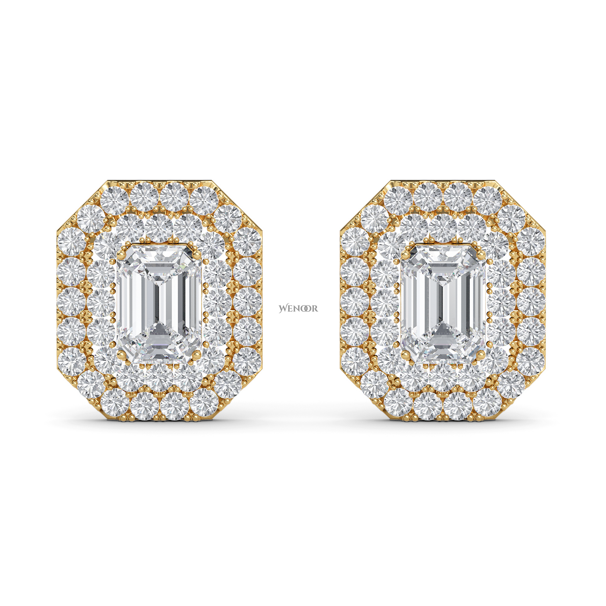 Ethical emerald cut lab grown diamond studs with two rows of round diamonds set in 14K yellow gold