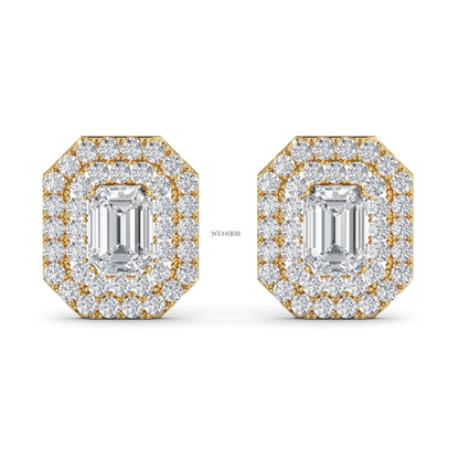 Ethical emerald cut lab grown diamond studs with two rows of round diamonds set in 14K yellow gold