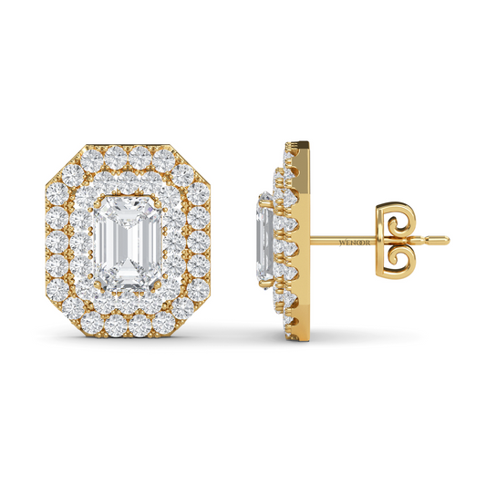 Ethical emerald cut lab grown diamond studs with two rows of round diamonds, set in 14K yellow gold