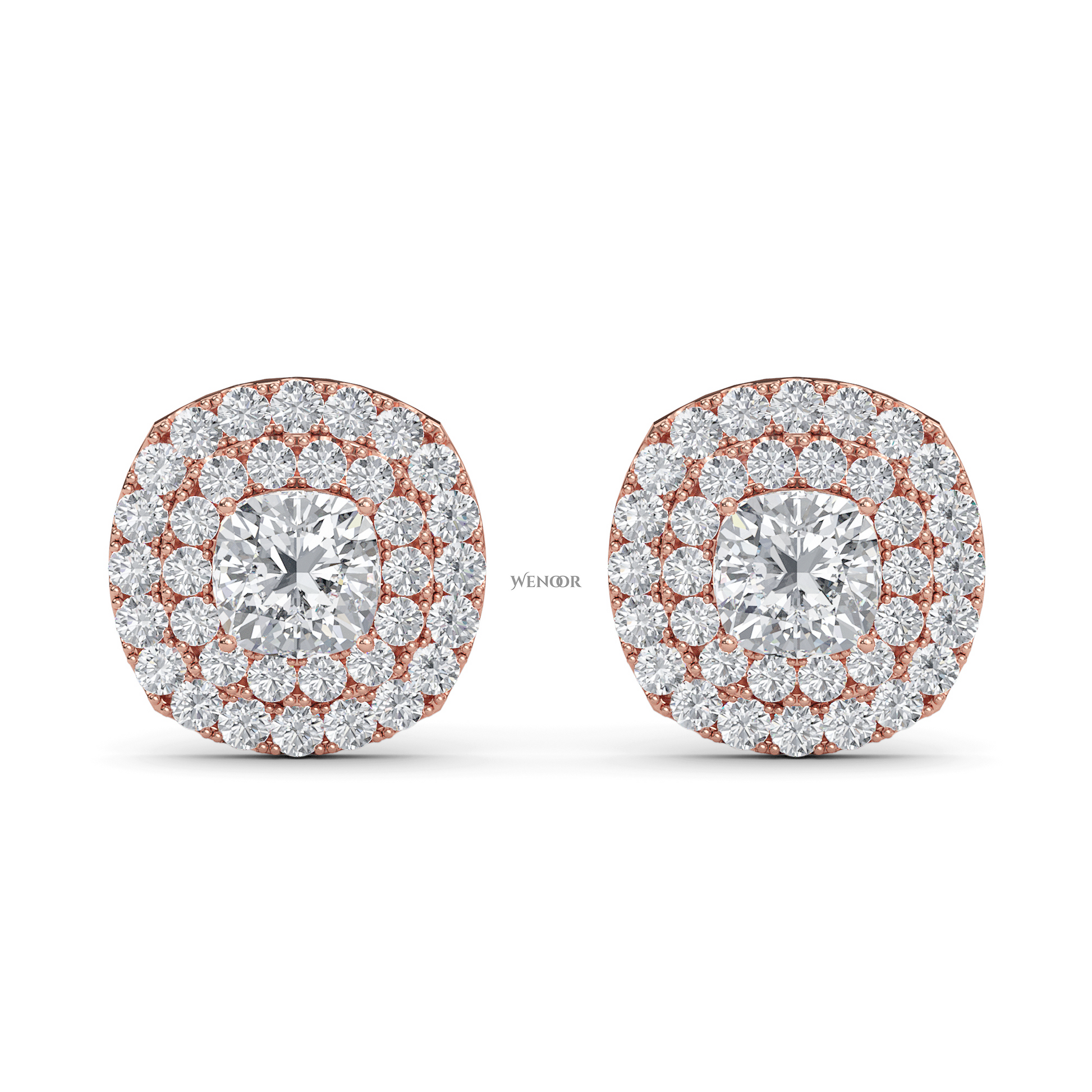 Luxury cushion cut lab grown diamond double halo stud earrings in 14K gold