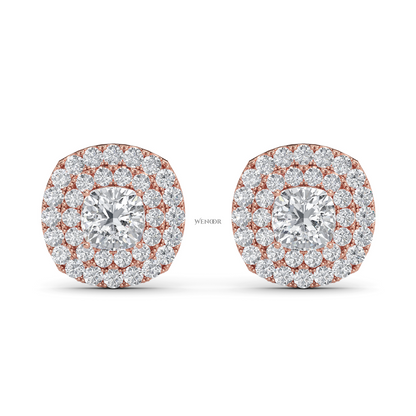 Luxury cushion cut lab grown diamond double halo stud earrings in 14K gold