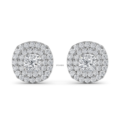 Luxury cushion cut lab grown diamond double halo stud earrings in 14K gold