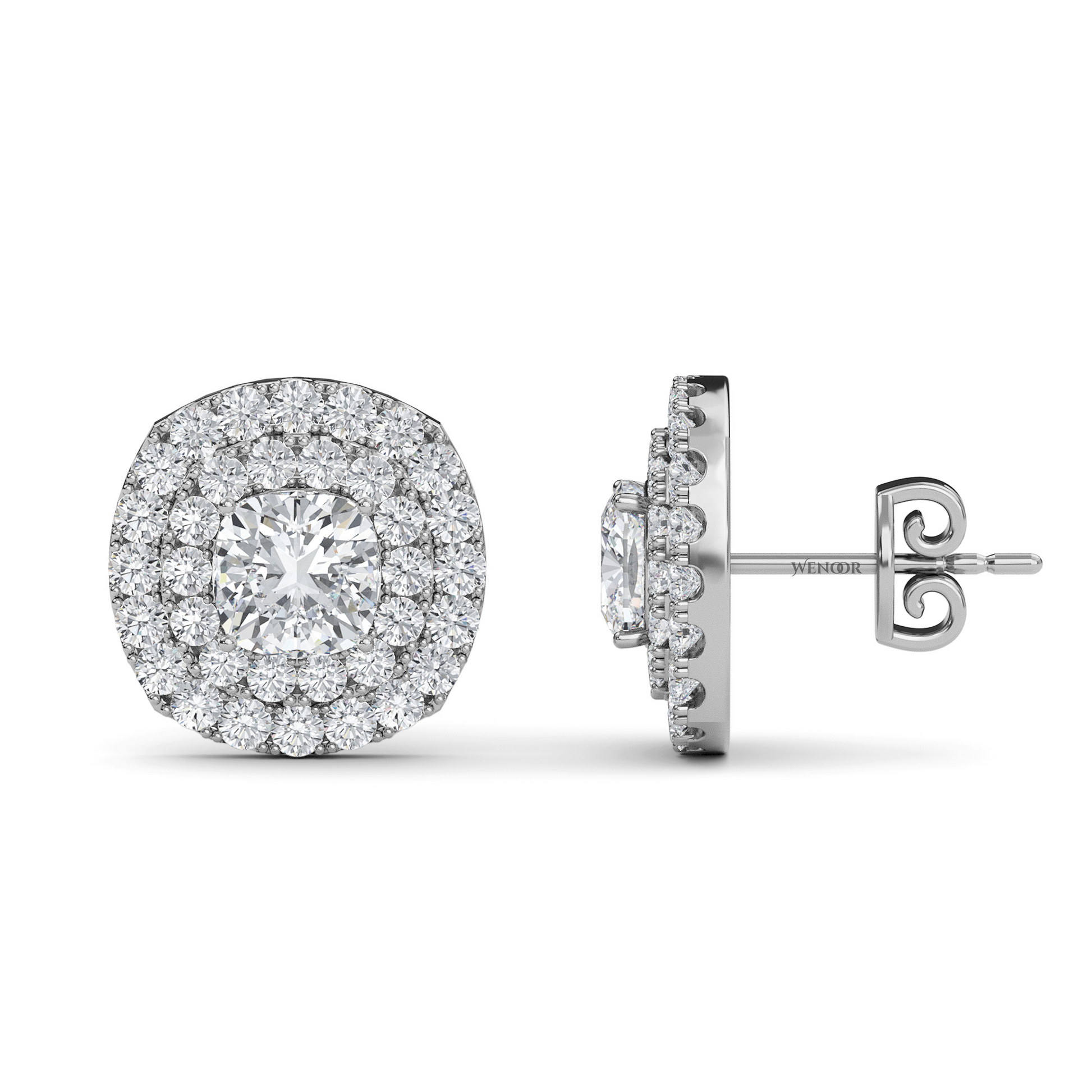 Luxury cushion cut lab grown diamond double halo stud earrings in 14K gold