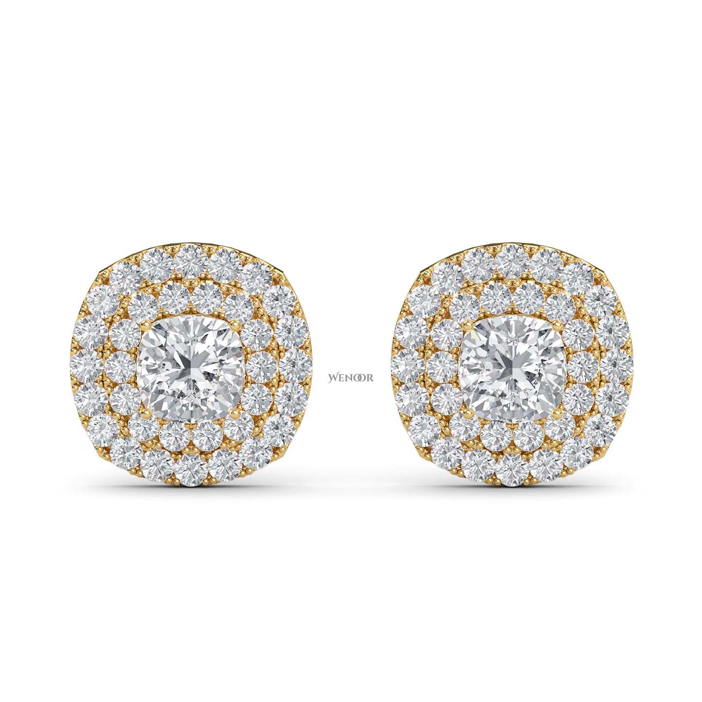 Luxury cushion cut lab grown diamond double halo stud earrings in 14K gold