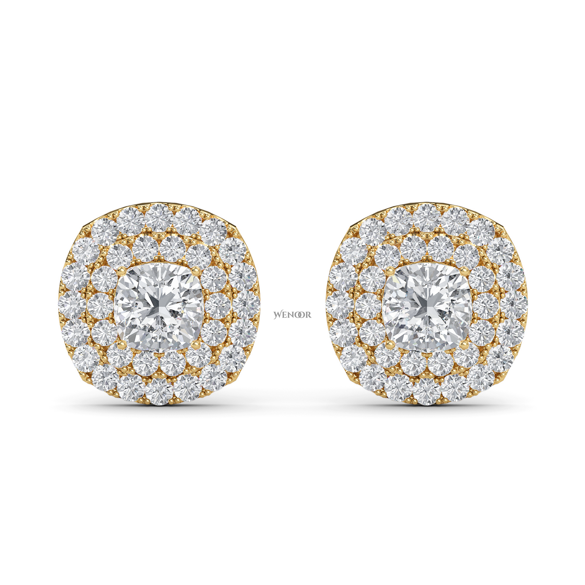 Luxury cushion cut lab grown diamond double halo stud earrings in 14K gold