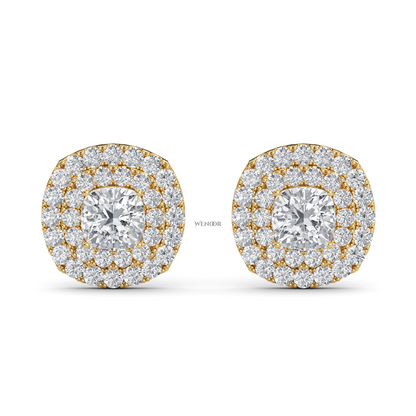 Luxury cushion cut lab grown diamond double halo stud earrings in 14K gold
