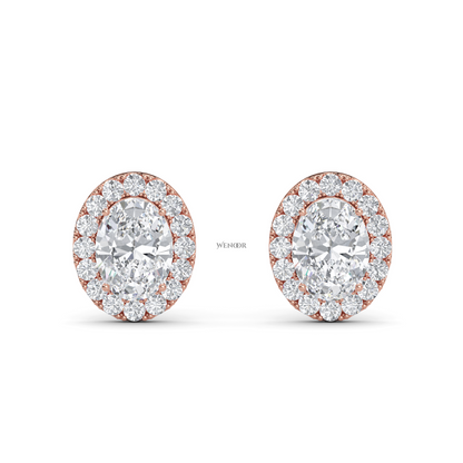 Oval Shape Halo Lab Grown Diamond Stud Earrings - halo of round brilliant lab diamonds, set in premium 14K  gold.