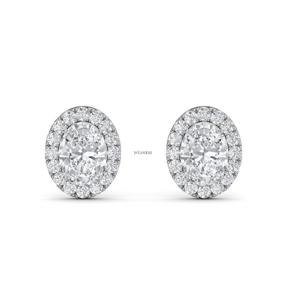Oval Shape Halo Lab Grown Diamond Stud Earrings - halo of round brilliant lab diamonds, set in premium 14K  gold.