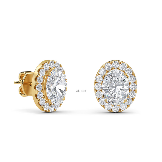 Oval Shape Halo Lab Grown Diamond Stud Earrings - Dazzling oval cut center diamond halo of round brilliant lab diamonds, set in premium 14K  gold.